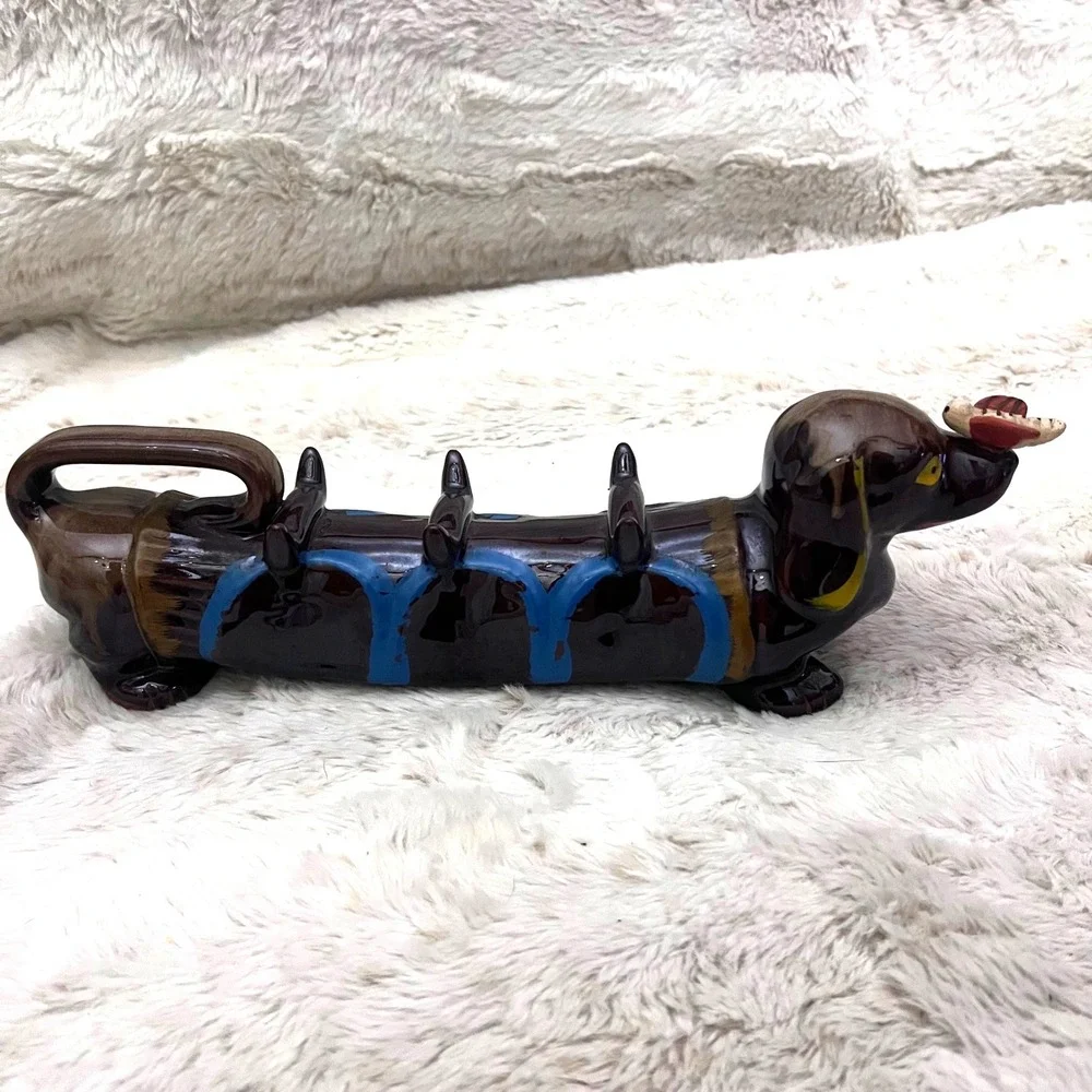 Suki Dachshund Wiener Dog Japanese Decanter Vintage Ceramic Brown Blue Dragonfly